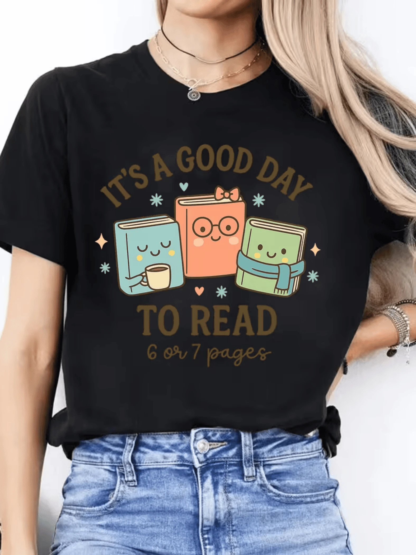 Animated Books That Convey Joy And A Passion For Reading With Smiling Faces And Coffee Cups That Inspire Peaceful Days Of Study And Relaxation; Fun Casual Women's T-Shirt Ideal For Creative Readers - 黑色 - 查看 1