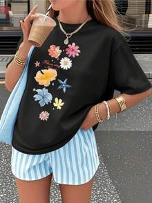 Colorful Flowers That Evoke Joy, Freedom And Freshness, Inspired By Nature, Forming A Harmonious Set Against A Dark Background. Modern Casual Women's T-Shirt For Summer - 黑色 - 查看 8