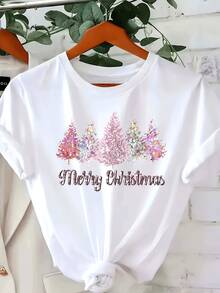 Christmas Tree Print T-Shirt - A Festive White Top Featuring A Bright Pink Tree And The Words 'Merry Christmas' - Made From 100% Cotton, Perfect For Christmas Parties And Everyday Wear - Stylish, Machine-Washable Design With A Comfortable Fit - 白色 - 查看 1