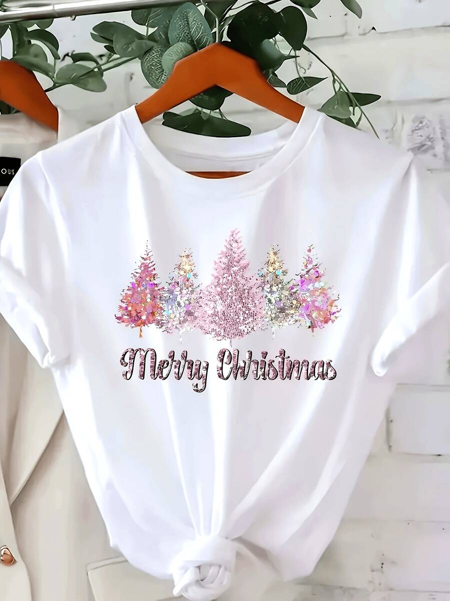 Christmas Tree Print T-Shirt - A Festive White Top Featuring A Bright Pink Tree And The Words 'Merry Christmas' - Made From 100% Cotton, Perfect For Christmas Parties And Everyday Wear - Stylish, Machine-Washable Design With A Comfortable Fit - 白色 - 查看 1
