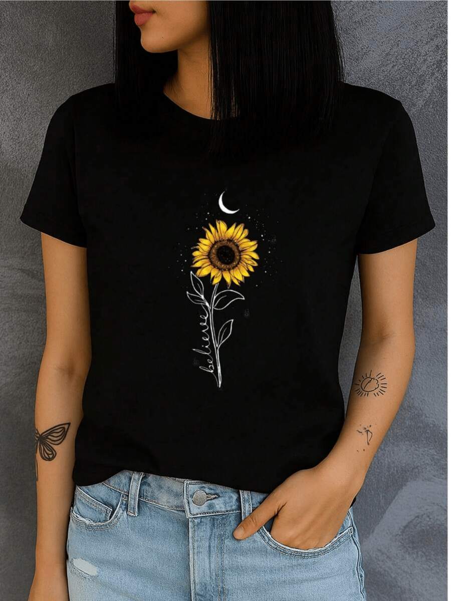 A Bright Sunflower Symbolizing Positive Energy And Hope Under A Crescent Moon Where Light And Faith Unite, Showing Optimism And Confidence In Every Step. A Comfortable, Casual, Fitted Women's T-Shirt For Everyday Wear. - 黑色 - 查看 1