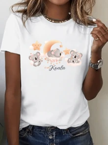 Koalas Sleeping On A Golden Moon Surrounded By Stars And Soft Clouds Convey Tenderness And Calm, Perfect For Those Who Love Animals And Dreams. This Casual Women's T-Shirt With A Charming Print Is Ideal For Everyday Wear. - 白色 - 查看 6