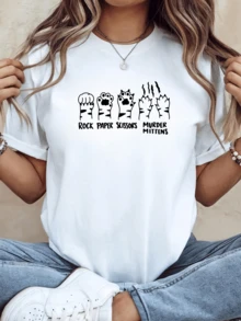 Manos de gato mostrando gestos de roca papel tijeras y garras simbolizando humor felino y diversión cotidiana camiseta de mujer casual moderna cómoda para uso diario - Blanco - Ver 6