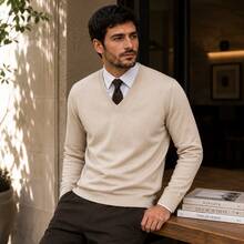 Men's Premium Knit Sweater With V-Neck - Beige - View 3