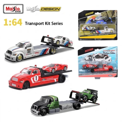 Maisto Juego de juguete de camión de plataforma baja a escala 1:64 con rampa de carga, modelo de coche de transporte de simulación, vehículo en miniatura, decoración de escritorio, regalo coleccionable para hombres, novios, hijos
