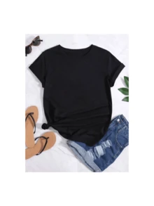 Camiseta suelta casual de dama con estampados de tres tréboles, suave, cómoda y económica, blusas para damas - Negro - Ver 5