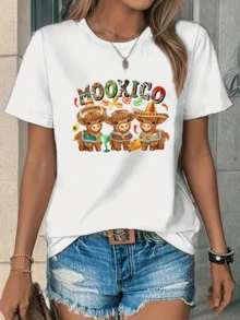 Three Cheerful Bulls With Colorful Hats And Daisies Celebrating Mexican Culture Under The Sun Symbolize Friendship, Festivity, And Joy. Comfortable Casual Women's T-Shirt For Summer - 白色 - 查看 6
