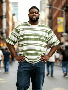 1pc Plus Size Men's Fashionable Sporty T-Shirt, Green & White Striped Print, Short Sleeve Crew Neck Tee, Casual Street Wear, Knit Fabric, Loose Fit, Suitable For Streetwear, Workout, Vacation, Great Gift For Men - Multicolor - View 4