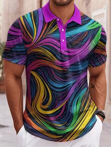 Colorful Abstract Swirl Pattern Symbolizing Energy And Freedom With Dynamic Lines In Vibrant Shades 3D Printed POLO Shirt For Men Casual Short Sleeve Summer Wear - Multicolor - View 6