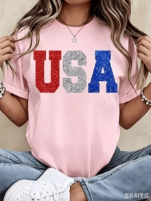 100%CottonGlitter Usa Patriotic T Shirt Red White And Blue Sparkle Print For Independence Day Celebration Party WearBreathable Cotton Tee, All Match - 粉色 - 查看 1