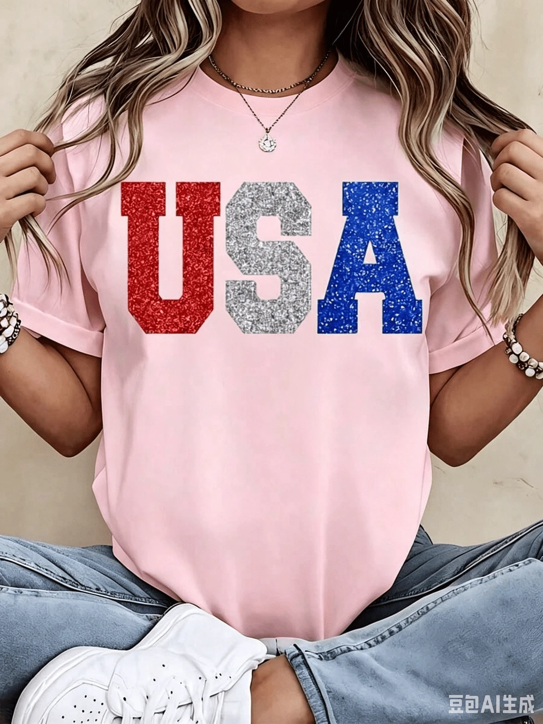 100%CottonGlitter Usa Patriotic T Shirt Red White And Blue Sparkle Print For Independence Day Celebration Party WearBreathable Cotton Tee, All Match - 粉色 - 查看 1