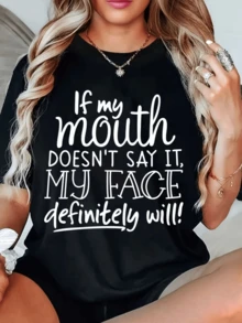 Frase divertida que expresa con humor la sinceridad de las emociones mostrando que la expresión facial revela lo que las palabras callan camiseta de mujer casual moderna cómoda para diario - Negro - Ver 8