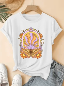 Butterfly Representing Transformation And Rebirth Surrounded By Orange And Lilac Flowers Symbolizing The Joy And Energy Of Nature. Modern And Comfortable Women's T-Shirt For Everyday Wear - 白色 - 查看 1