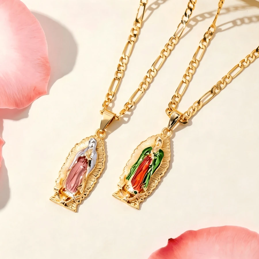 1pc Our Lady Of Guadalupe Necklace Vintage Gold - Plated Colorful Pendant Prayer Protection Accessory For Women
