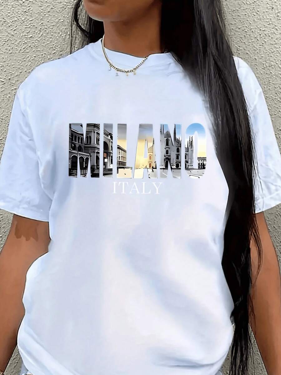 Cityscape With Classic Milanese Architecture And Lettering That Evokes Modern Italian Elegance; Women's Casual T-Shirt For Everyday Wear, Comfortable And Stylish With European Flair - 白色 - 查看 1