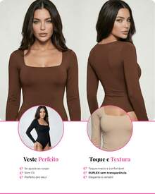 Women's Long Sleeve Square Neckline Premium Lined Bodysuit - 黑色 - 查看 4
