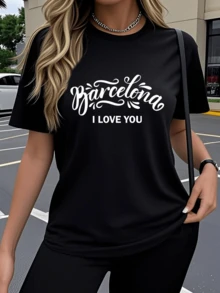 Romantic Phrase Expressing Love For The City Of Barcelona With Artistic Typography That Inspires Travel Memories And Positive Emotions. Modern Casual Women's T-Shirt Ideal For Everyday Wear - 黑色 - 查看 6