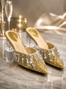 Women's High Heel Shoes With Rhinestones, Pointed Toe Chunky Heel Slip-On Mules, Glamorous For Wedding, Party, Banquet, Dance, Commute, Office, Versatile & Comfortable, Gold Color - Gold - View 3
