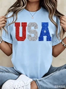 100%CottonGlitter Usa Patriotic T Shirt Red White And Blue Sparkle Print For Independence Day Celebration Party WearBreathable Cotton Tee, All Match - 藍色 - 查看 1