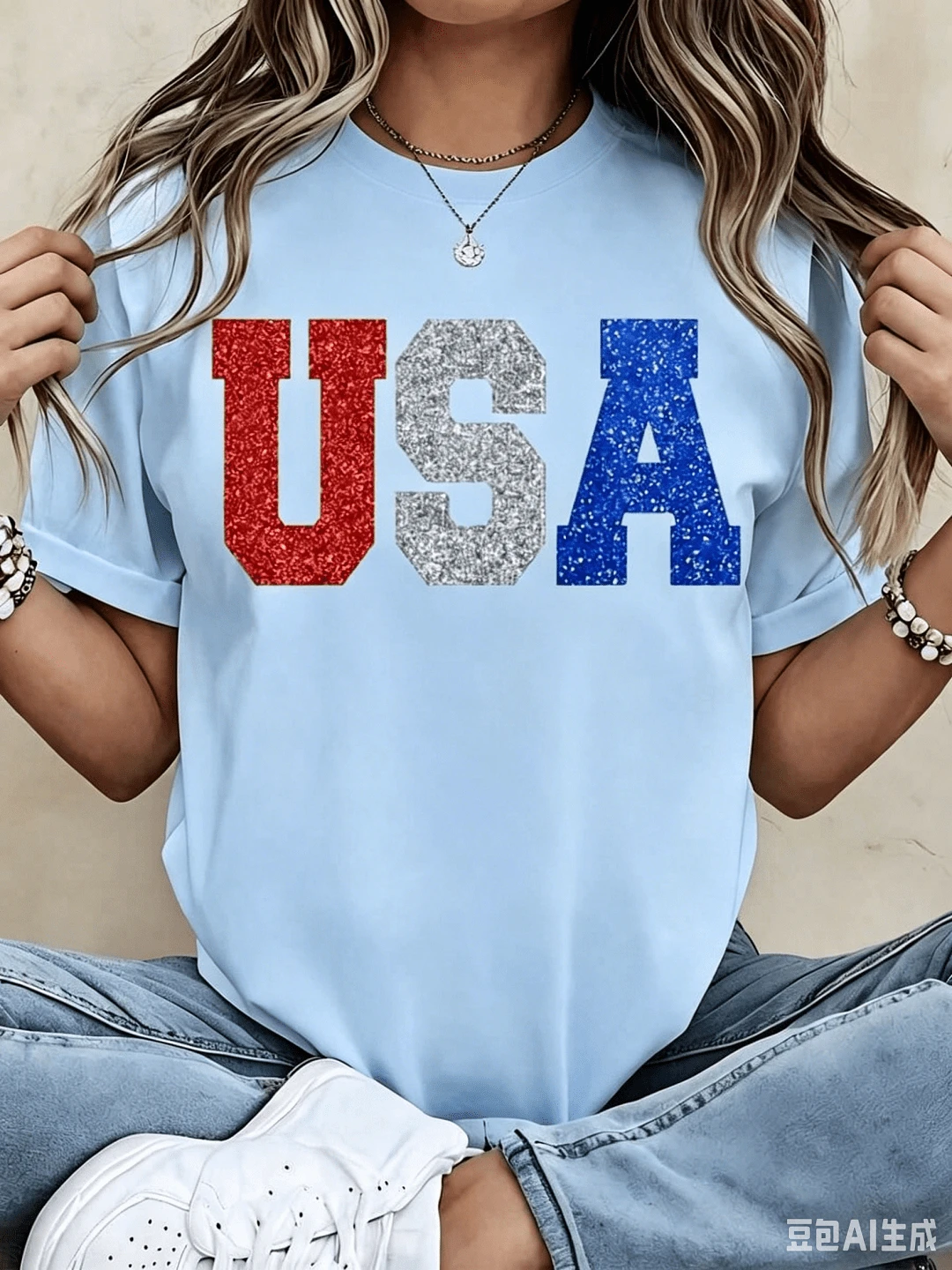 100%CottonGlitter Usa Patriotic T Shirt Red White And Blue Sparkle Print For Independence Day Celebration Party WearBreathable Cotton Tee, All Match - 藍色 - 查看 1