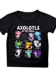 Colorful Axolotls From Around The World Represent Diversity And A Connection With Nature, Showcasing Aquatic Creatures In Vibrant Hues That Symbolize The Unique Beauty Of Each Species. A Comfortable And Stylish Casual Women's T-Shirt For Everyday Wear. - 黑色 - 查看 1