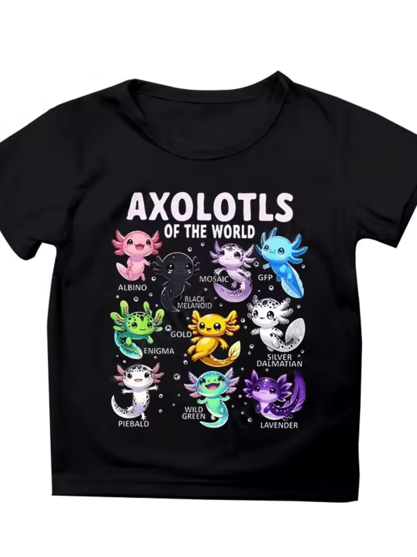 Colorful Axolotls From Around The World Represent Diversity And A Connection With Nature, Showcasing Aquatic Creatures In Vibrant Hues That Symbolize The Unique Beauty Of Each Species. A Comfortable And Stylish Casual Women's T-Shirt For Everyday Wear. - 黑色 - 查看 1