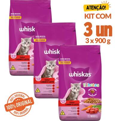 Kit 3 un Ração Whiskas Gatos Filhotes Carne e Leite 900g – Sabor Carne e Leite | 32% Proteína | Embalagem Original