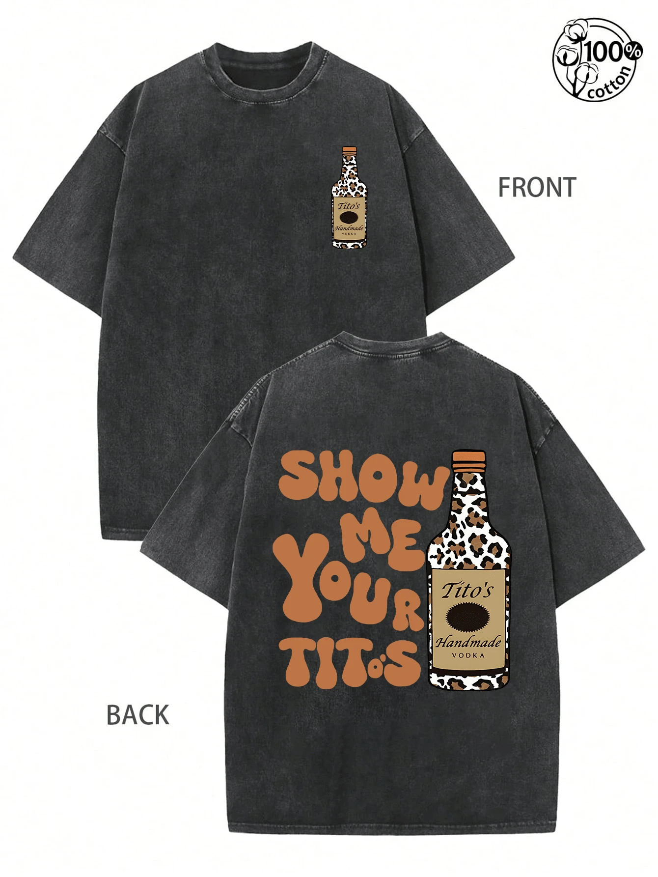 Tito's Vodka Leopard Print Patterned Washed Vintage Short-Sleeved T-Shirt, Suitable For Both Men And Women. This Cotton T-Shirt With A Vintage Washed And Retro Style Design Is A Casual And Loose Round-Neck Short-Sleeved T-Shirt. It Is A Must-Have Item For Daily Wear At Home, As Well As A Must-Have Choice For Fans. It Is Suitable For Daily Wear, Going Out, Commuting And Social Gatherings. It Is Suitable For Women's Festival Outfits, Summer Outfits, Festival Outfits (For Women), Festival Outfits (For Men), Festival Outfits, Festival Nightwear, And Festival Tops. - Black - View 1