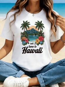 Paisaje tropical con palmeras flores coloridas montañas y un atardecer junto al mar evocando libertad y descanso en la playa camiseta de mujer casual para verano cómodo y fresco - Blanco - Ver 6
