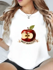 A Cut Red Apple Revealing A Hidden Core Symbolizes The Union Between Purity And Positive Energy, With Leaves Representing Growth And Vitality. A Modern, Casual Women's T-Shirt For Comfortable And Attractive Everyday Wear. - 白色 - 查看 1