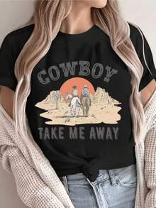 Desert Sunset With Riders Galloping Towards Freedom Symbolizing Adventure And Connection With Nature. Comfortable And Modern Women's T-Shirt For A Free Spirit. - Black - View 1