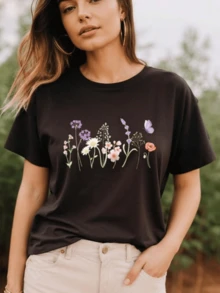 Flores silvestres coloridas que representan la belleza libre de la naturaleza y la conexión con la tierra en días soleados camiseta de mujer casual cómoda para uso diario - Negro - Ver 1