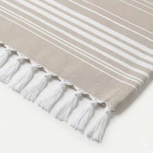 100% Cotton Turkish Beach Towel - Striped Peshtemal with Tassels- Quick-Dry & Soft Boho Beach Blanket - 米色 - 查看 4