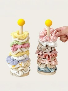 Wooden Hair Tie Organizer Rack With Yellow Lid, Cute Desktop Hair Accessory Display Stand, Space-Saving Vanity Table Storage Decor - Multicolor - View 1