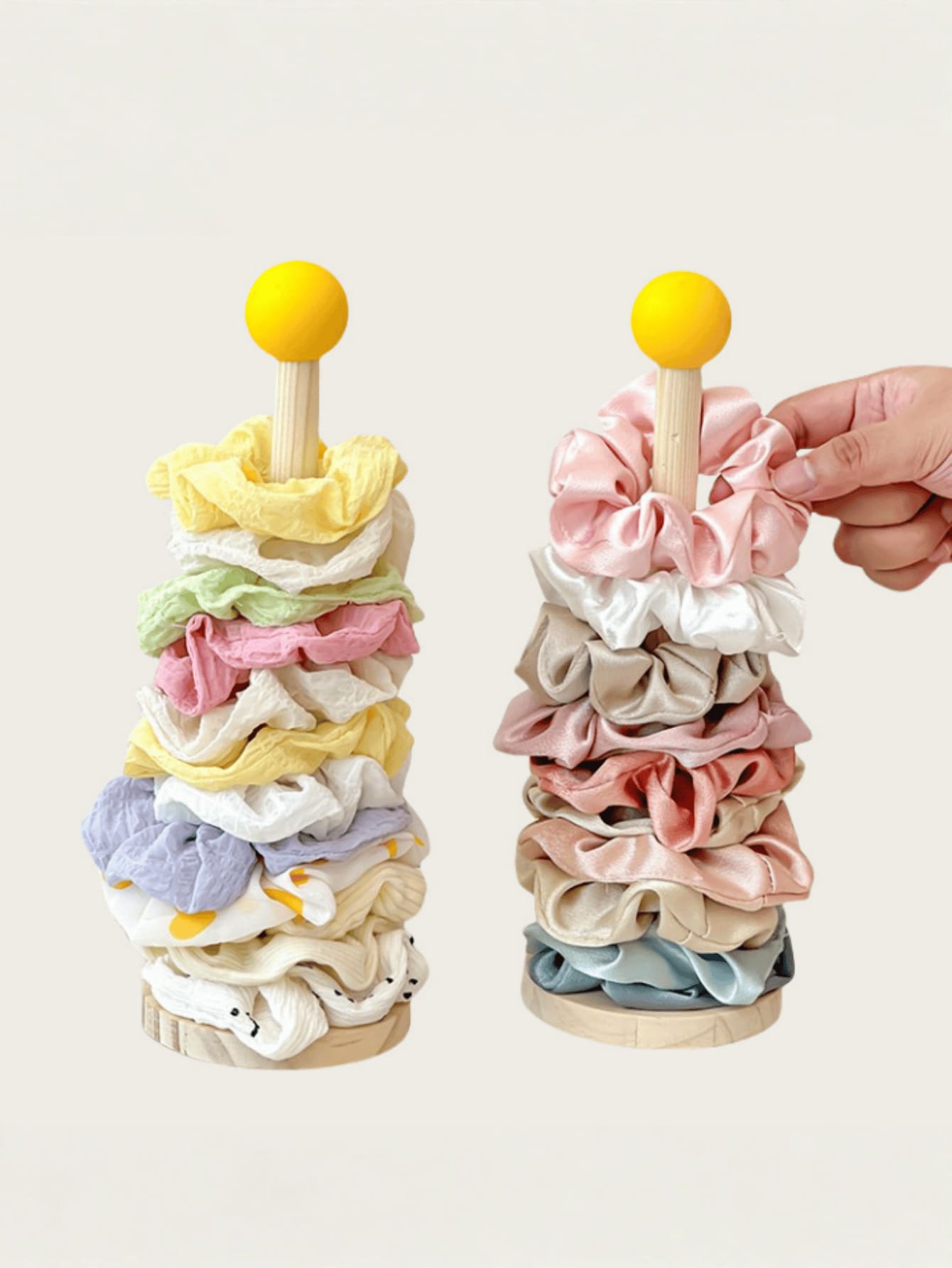 Wooden Hair Tie Organizer Rack With Yellow Lid, Cute Desktop Hair Accessory Display Stand, Space-Saving Vanity Table Storage Decor - Multicolor - View 1