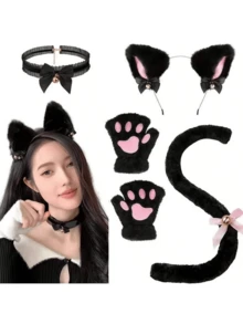 4pcs/3pcs/2pcs Cute Cartoon Cat Cosplay Accessory Set, Party Decorations, Includes Cat Ear Headband, Cat Paw Gloves, Cat Tail Necklace, Performance Props, Black & White Halloween Cat Cosplay Props Set - A - View 4