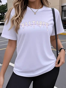 Letters That Seem To Melt, Evoking Rebellious Energy And Modern Urban Style With An Artistic Touch; Comfortable And Versatile Casual Women's T-Shirts For Everyday Wear - 白色 - 查看 1