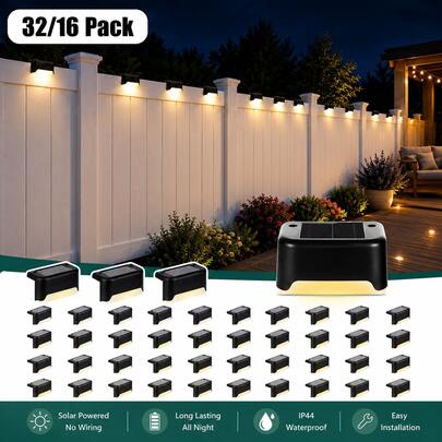 32/16pcs Solar LED Deck Lights - Auto On/Off, 12Hr Lighting For Outdoor Stairs, Fences & Pathways, Warm White Light, Easy Installation, Ideal For Commercial Spaces Like Malls, Hotels, And Libraries, Outdoor Solar Lights, Christmas