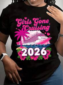 Cruise Ship Full Of Feminine Energy With Pink Palm Trees, Tropical Flowers And Waves That Symbolize Freedom, Joy And Adventurous Spirit. Women's T-Shirt With Vibrant Print 2026 - 黑色 - 查看 1
