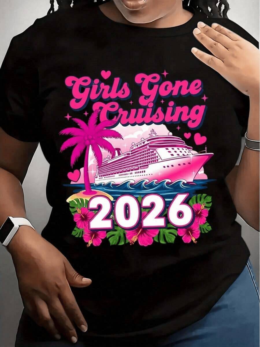 Cruise Ship Full Of Feminine Energy With Pink Palm Trees, Tropical Flowers And Waves That Symbolize Freedom, Joy And Adventurous Spirit. Women's T-Shirt With Vibrant Print 2026 - 黑色 - 查看 1