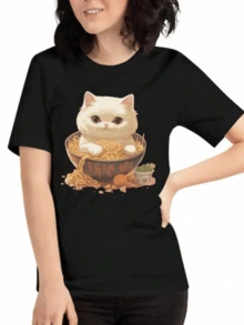 Gato blanco adorable dentro de un tazón de fideos que transmite ternura y humor representando la mezcla entre la calma y el placer de la comida con un toque creativo camiseta de mujer casual cómoda para uso diario - Negro - Ver 8