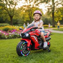 OMCPET 12V Kids Ride On Motorcycle, 3-Wheel Stable Ride On Motorcycle With Cool LED Lights, Built-In Music, Electric Toddler Motorcycle Gift For Boys Girls 3-10 Years Old, Battery Powered Rechargeable, Training Wheels, Ideal Gift For Christmas Birthday, Red - 藍色 - 查看 11