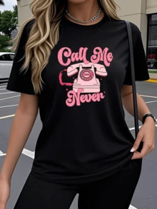 Vintage Pink Telephone Accompanied By Large Letters That Express A Fun And Confident Attitude, Evoking Independence And Casual Style. Comfortable Women's T-Shirts For Everyday Wear And Perfect For Standing Out With Personality. - 黑色 - 查看 6