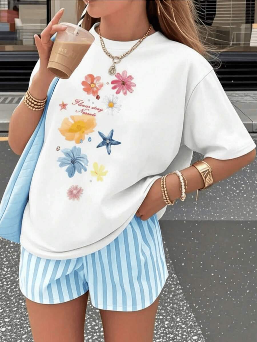Colorful Flowers That Evoke Joy, Freedom And Freshness, Inspired By Nature, Forming A Harmonious Set Against A Dark Background. Modern Casual Women's T-Shirt For Summer - 白色 - 查看 1