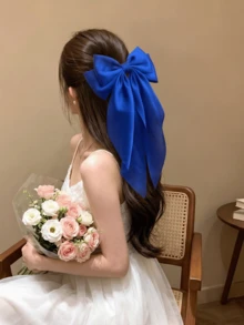 1件大號女款女孩用髮蝴蝶結夾，大尺寸絲滑緞面緞帶蝴蝶結髮夾，法式復古大髮夾，適合日常佩戴、派對、夏季海灘，髮爪髮夾 - 寶藍色 - 查看 6