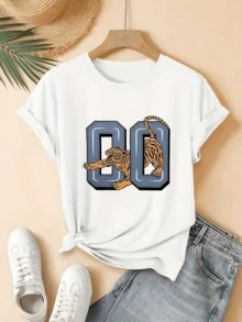 Tiger Leaping Through Large Numbers Symbolizes Strength, Courage, And Constant Movement, Inspired By The Wild Energy Of Nature. Modern Casual Women's T-Shirt For Everyday Wear - 白色 - 查看 6