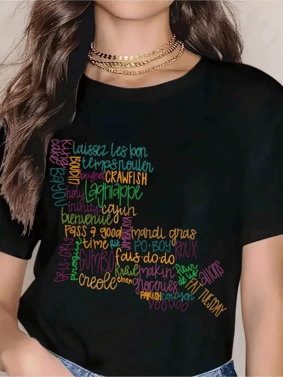 Colorful Words Celebrating Cajun And Creole Culture With Cheerful Phrases And Louisiana Symbols Conveying Festive Energy And Free Spirit. Comfortable Women's T-Shirt For Everyday Wear, Casual Elegance - 黑色 - 查看 1