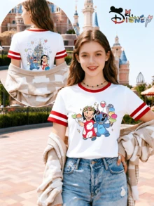 Disney Lilo & Stitch Castle Fireworks Print Crew Neck T-Shirt For Women, A Sweet And Casual Red And White Color-Blocked Short-Sleeved Summer Piece, Perfect For Parent-Child Outfits Or Best Friend Outfits. (Disney T-Shirt/Teen Girl Clothes/Tween Girl Clothes/Summer Holiday Outfits/Girls Clothes/Women Trending Now/Casual Outfits For Women) - trắng - Xem 1