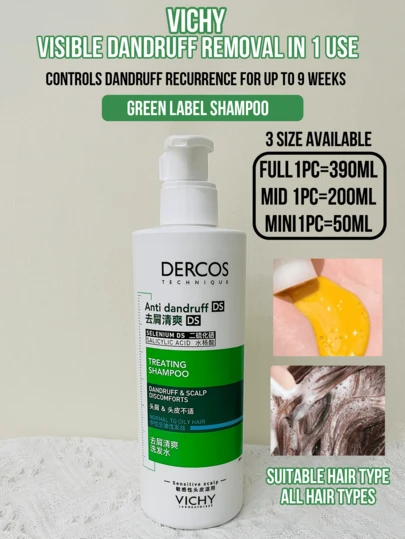 Vichy Dercos Technique Szampon przeciwłupieżowy DS, 390 ml, rozmiar rodzinny, 200 ml, rozmiar średni, 50 ml, rozmiar podróżny, skutecznie zwalcza łupież i dolegliwości skóry głowy, do włosów normalnych i przetłuszczających się, szczególnie odpowiedni dla wrażliwej skóry głowy, odświeżająca pielęgnacja przeciwłupieżowa, usuwa widoczne łuski, łagodzi swędzenie skóry głowy, kontrola wydzielania sebum i oczyszczające oczyszczanie, zapewnia świeże, lekkie włosy, z dwusiarczkiem selenu i kwasem salicylowym, zapewniającym czystą, zrównoważoną skórę głowy, niezbędny produkt do pielęgnacji włosów