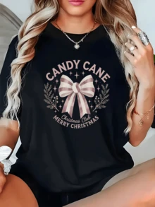 A Festive Bow Surrounded By Stars And Branches Conveys Christmas Cheer And Invites You To Celebrate With A Warm And Charming Spirit. A Casual Women's T-Shirt For Parties And Elegant Gatherings. - 黑色 - 查看 6
